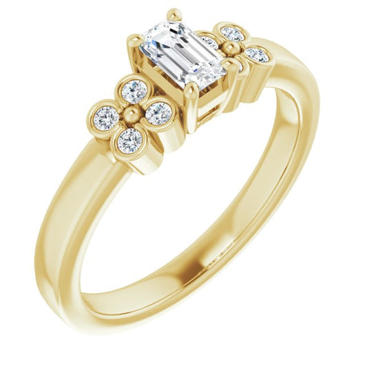 10K Yellow Gold Customizable 9-stone Design with Emerald/Radiant Cut Center and Complementary Quad Bezel-Accent Sets