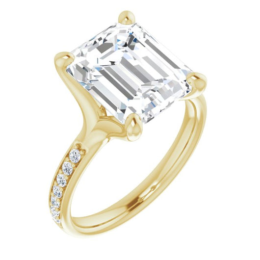 10K Yellow Gold Customizable Heavy Prong-Set Emerald/Radiant Cut Style with Round Cut Band Accents