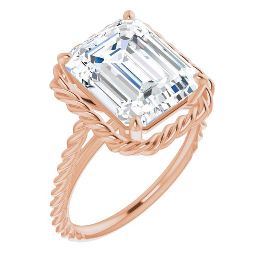 10K Rose Gold Customizable Cathedral-set Emerald/Radiant Cut Solitaire with Thin Rope-Twist Band