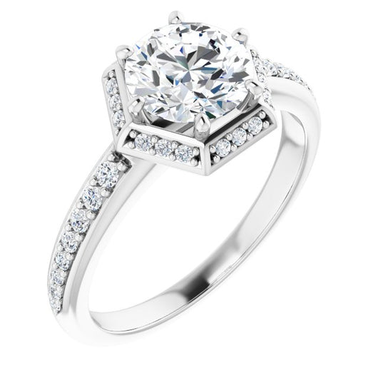 10K White Gold Customizable Round Cut Design with Geometric Under-Halo and Shared Prong Band