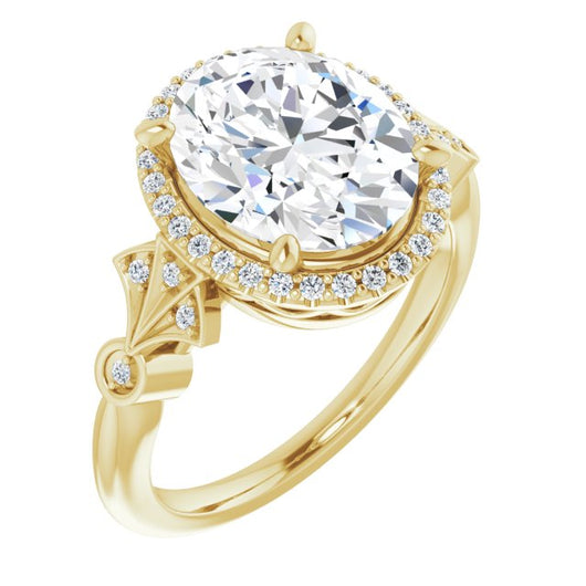 10K Yellow Gold Customizable Cathedral-Crown Oval Cut Design with Halo and Scalloped Side Stones