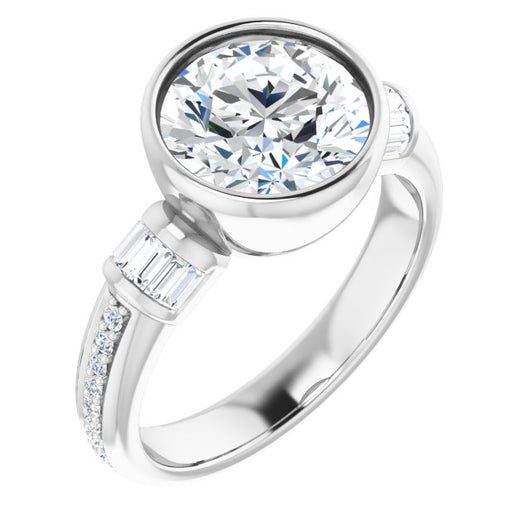 10K White Gold Customizable Cathedral-Bezel Round Cut Style with Horizontal Baguettes & Shared Prong Band