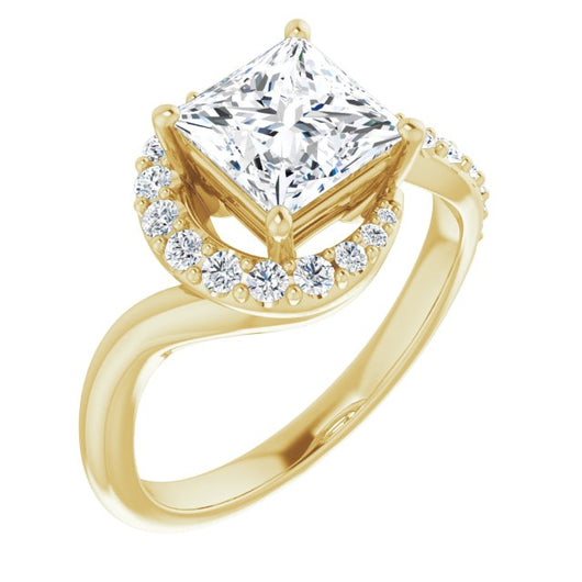 10K Yellow Gold Customizable Princess/Square Cut Design with Swooping Pavé Bypass Band