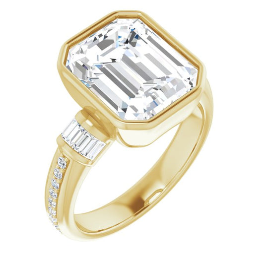 10K Yellow Gold Customizable Cathedral-Bezel Emerald/Radiant Cut Style with Horizontal Baguettes & Shared Prong Band