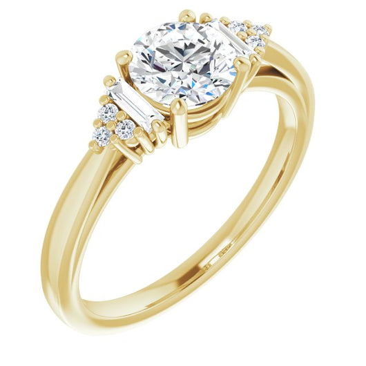 10K Yellow Gold Customizable 9-stone Design with Round Cut Center, Side Baguettes and Tri-Cluster Round Accents