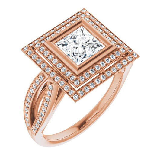 10K Rose Gold Customizable Bezel-set Princess/Square Cut Style with Double Halo and Split Shared Prong Band