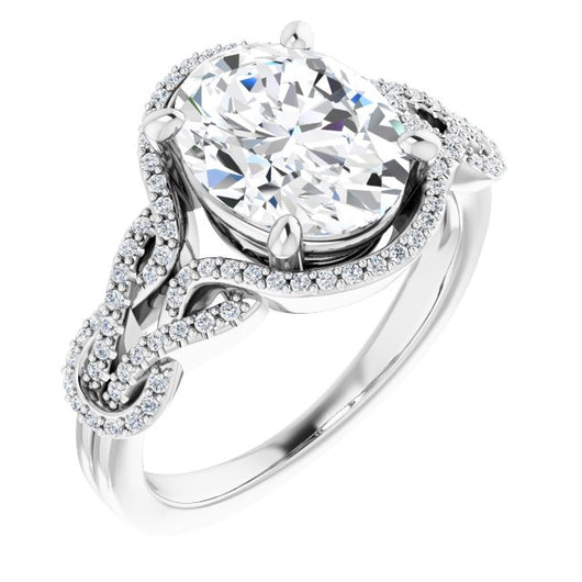 10K White Gold Customizable Oval Cut Design with Intricate Over-Under-Around Pavé Accented Band