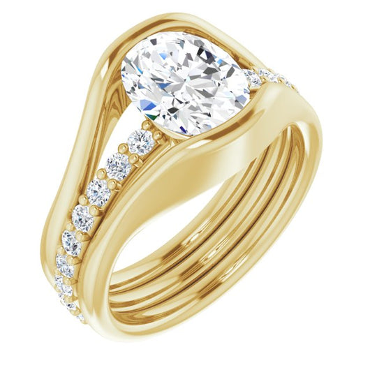 10K Yellow Gold Customizable Bezel-set Oval Cut Style with Thick Pavé Band