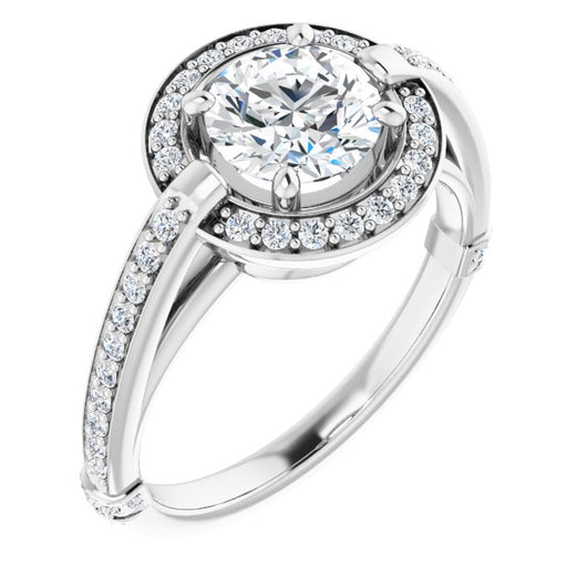 10K White Gold Customizable High-Cathedral Round Cut Design with Halo and Shared Prong Band