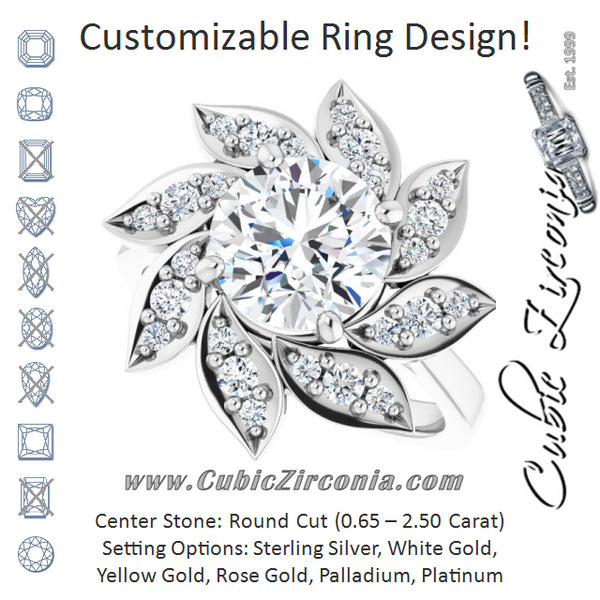 Cubic Zirconia Engagement Ring- The Xiùying (Customizable Round Cut Design with Artisan Floral Halo)