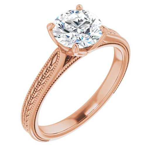 10K Rose Gold Customizable Round Cut Solitaire with Wheat-inspired Band 