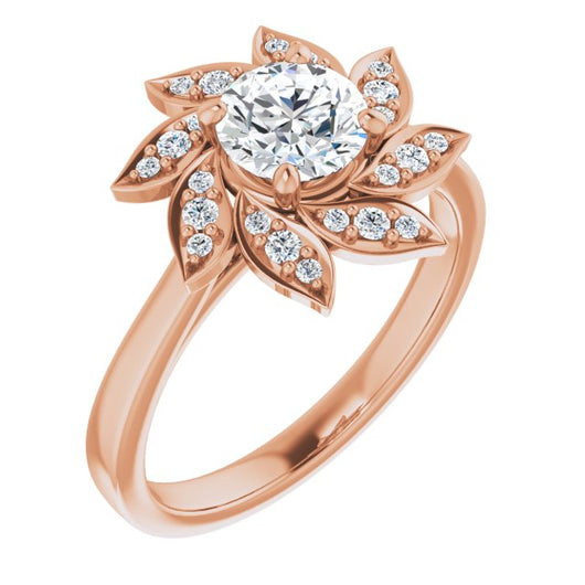 10K Rose Gold Customizable Round Cut Design with Artisan Floral Halo