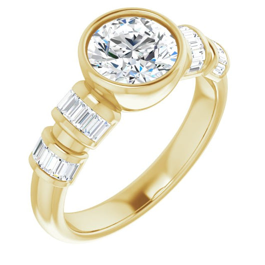 10K Yellow Gold Customizable Bezel-set Round Cut Design with Quad Horizontal Band Sleeves of Baguette Accents