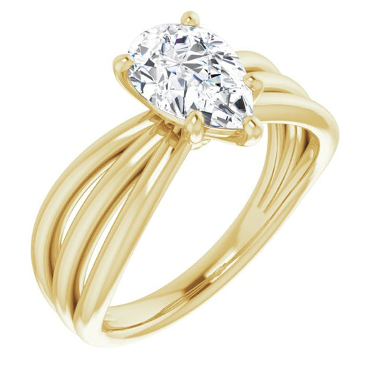 10K Yellow Gold Customizable Pear Cut Solitaire Design with Wide, Ribboned Split-band