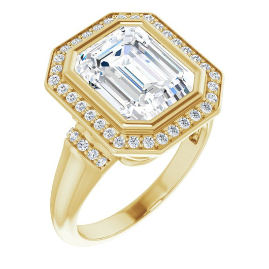 10K Yellow Gold Customizable Bezel-set Emerald/Radiant Cut Design with Halo and Vertical Round Channel Accents