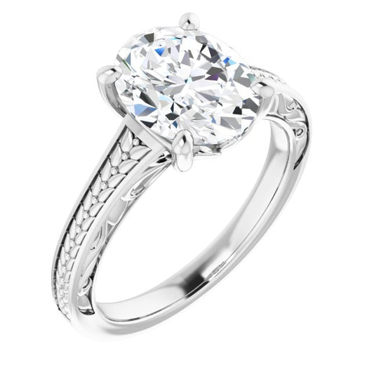 10K White Gold Customizable Oval Cut Solitaire with Organic Textured Band and Decorative Prong Basket