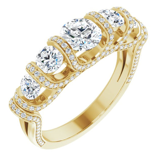 10K Yellow Gold Customizable Bar-set Round Cut 5-stone Design Plus Grandiose Pavé Accents