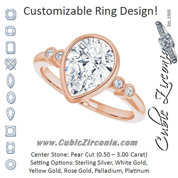 Cubic Zirconia Engagement Ring- The Mandira (Customizable 5-stone Bezel-set Pear Cut Design with Quad Round-Bezel Side Stones)