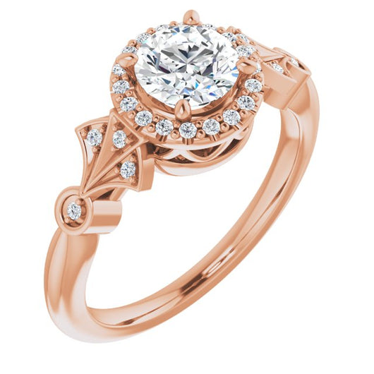 10K Rose Gold Customizable Cathedral-Crown Round Cut Design with Halo and Scalloped Side Stones