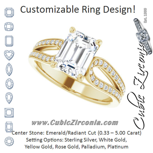 Cubic Zirconia Engagement Ring- The Annemarie (Customizable Emerald Cut Design featuring Shared Prong Split-band)