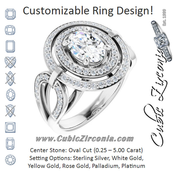 Cubic Zirconia Engagement Ring- The Daksha (Customizable Cathedral-set Oval Cut Design with Double Halo & Accented Ultra-wide Horseshoe-inspired Split Band)