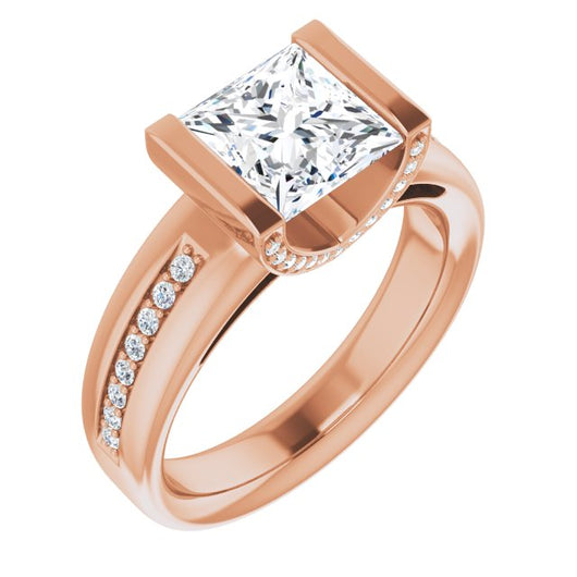 10K Rose Gold Customizable Cathedral-Bar Princess/Square Cut Design featuring Shared Prong Band and Prong Accents