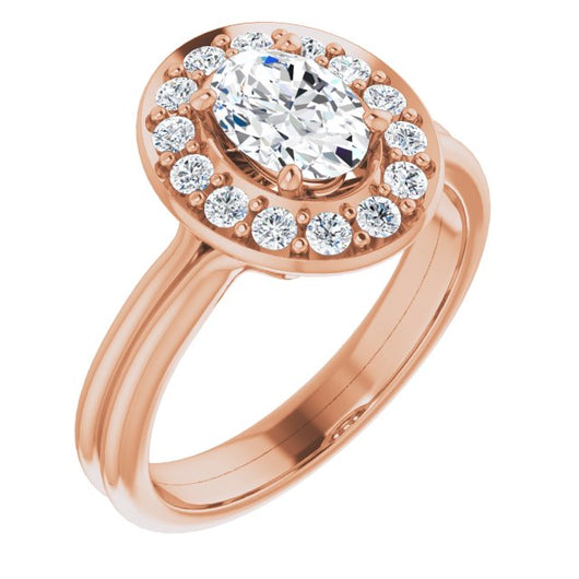 10K Rose Gold Customizable Cluster-Halo Accented Oval Cut Style with Tapered Dual Band