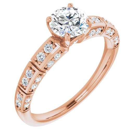 10K Rose Gold Customizable Round Cut Style with Three-sided, Segmented Shared Prong Band