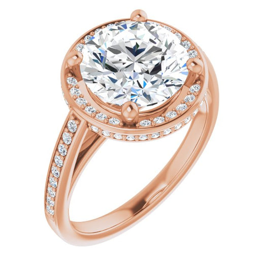 10K Rose Gold Customizable Cathedral-Halo Round Cut Design with Under-halo & Shared Prong Band