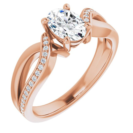 10K Rose Gold Customizable Oval Cut Center with Curving Split-Band featuring One Shared Prong Leg