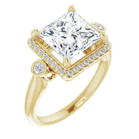 10K Yellow Gold Customizable Princess/Square Cut Style with Halo and Twin Round Bezel Accents