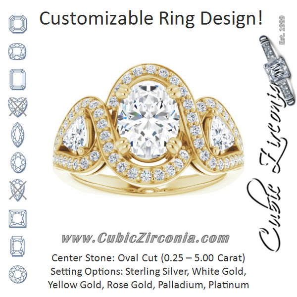 Cubic Zirconia Engagement Ring- The Ana Miranda (Customizable Oval Cut Center with Twin Trillion Accents, Twisting Shared Prong Split Band, and Halo)