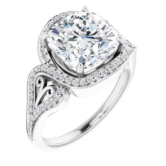 10K White Gold Customizable Cushion Cut Design with Bypass Halo and Split-Shared Prong Band