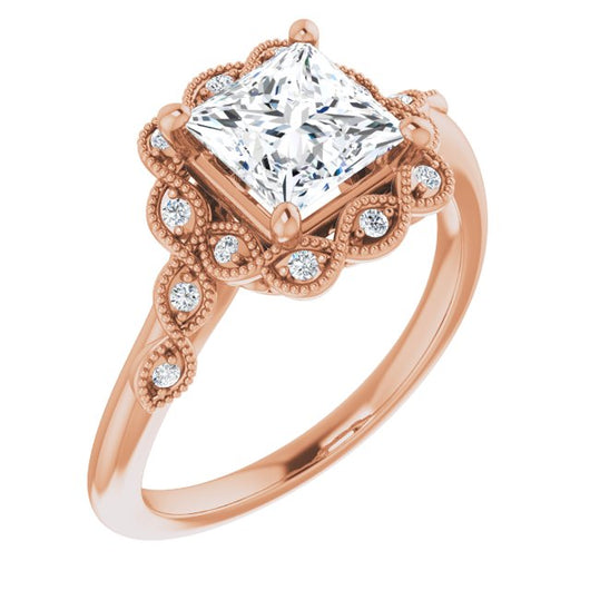 10K Rose Gold Customizable 3-stone Design with Princess/Square Cut Center and Halo Enhancement