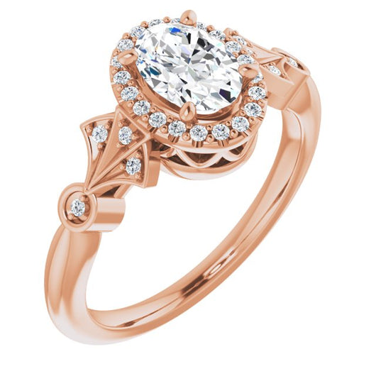 10K Rose Gold Customizable Cathedral-Crown Oval Cut Design with Halo and Scalloped Side Stones