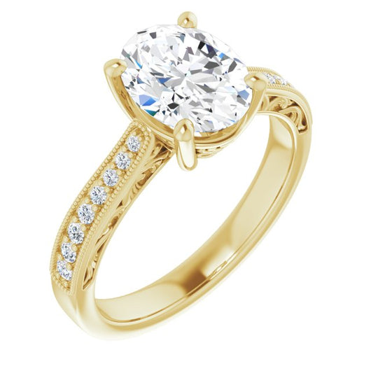 10K Yellow Gold Customizable Oval Cut Design with Round Band Accents and Three-sided Filigree Engraving