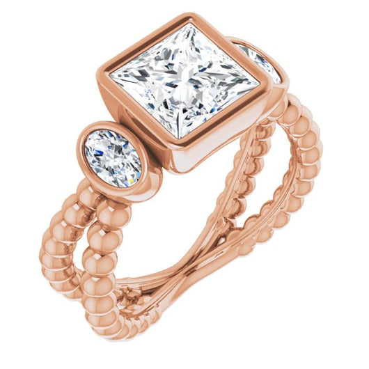 10K Rose Gold Customizable 3-stone Princess/Square Cut Design with 2 Oval Cut Side Stones and Wide, Bubble-Bead Split-Band