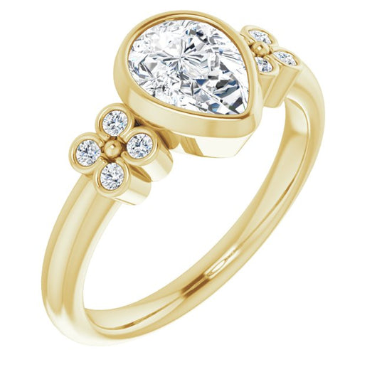 10K Yellow Gold Customizable 9-stone Bezel-set Pear Cut Design with Quad Round Bezel Side Stones Each Side