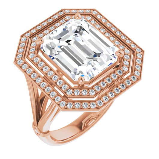 10K Rose Gold Customizable Cathedral-set Emerald/Radiant Cut Design with Double Halo, Wide Split Band and Side Knuckle Accents