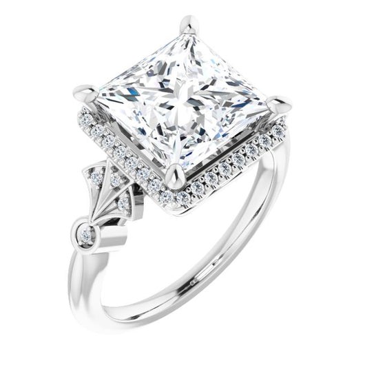 10K White Gold Customizable Cathedral-Crown Princess/Square Cut Design with Halo and Scalloped Side Stones