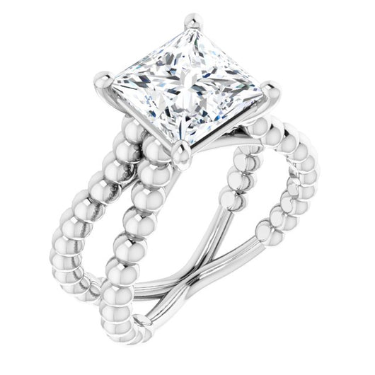 10K White Gold Customizable Princess/Square Cut Solitaire with Wide Beaded Split-Band