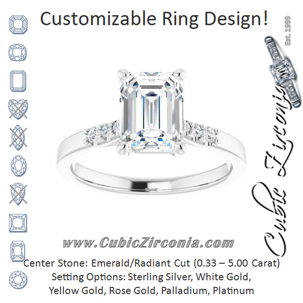 Cubic Zirconia Engagement Ring- The Kayla Love (Customizable 7-stone Emerald Cut Cathedral Style with Triple Graduated Round Cut Side Stones)