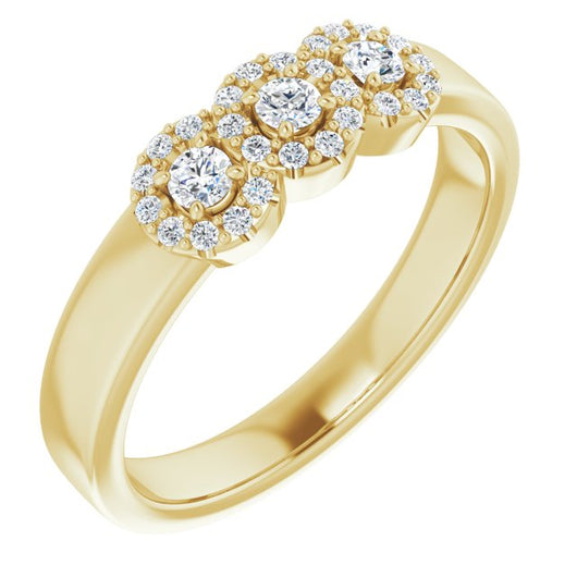 10K Yellow Gold Customizable Round Cut Triple Halo 3-stone Design