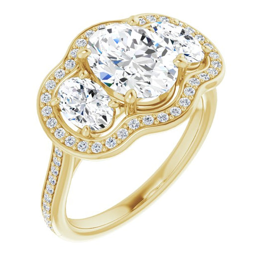 10K Yellow Gold Customizable Oval Cut Style with Oval Cut Accents, 3-stone Halo & Thin Shared Prong Band