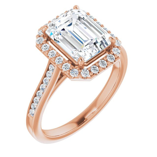 10K Rose Gold Customizable Emerald/Radiant Cut Design with Halo, Round Channel Band and Floating Peekaboo Accents