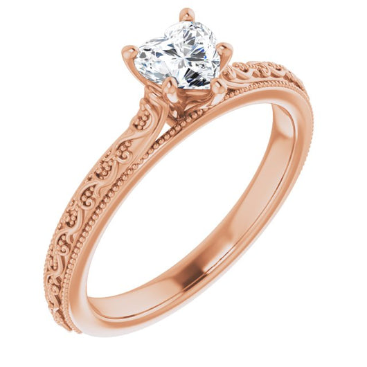 10K Rose Gold Customizable Heart Cut Solitaire with Delicate Milgrain Filigree Band