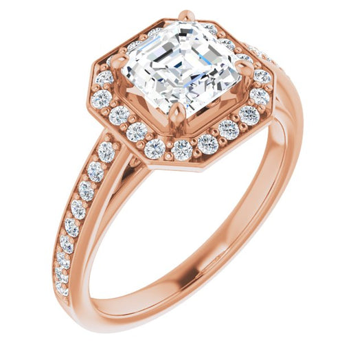 10K Rose Gold Customizable Asscher Cut Style with Halo and Sculptural Trellis