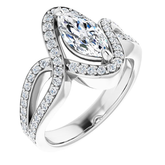 10K White Gold Customizable Marquise Cut Center with Infinity-inspired Split Shared Prong Band and Bypass Halo