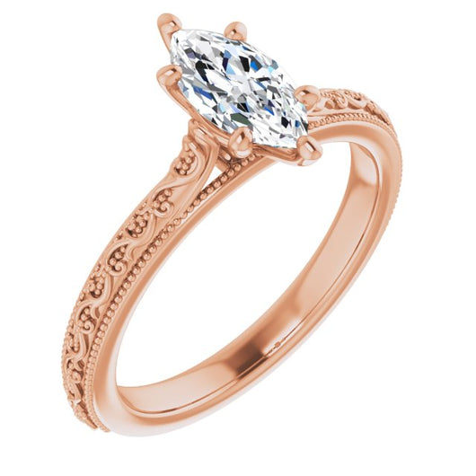 10K Rose Gold Customizable Marquise Cut Solitaire with Delicate Milgrain Filigree Band