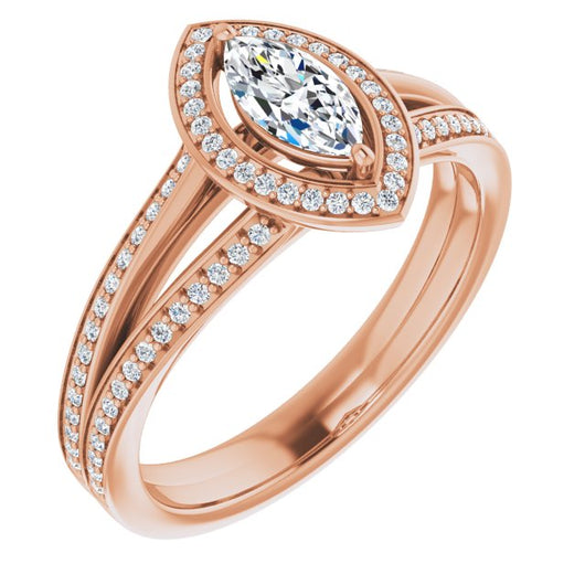 10K Rose Gold Customizable Marquise Cut Design with Split-Band Shared Prong & Halo